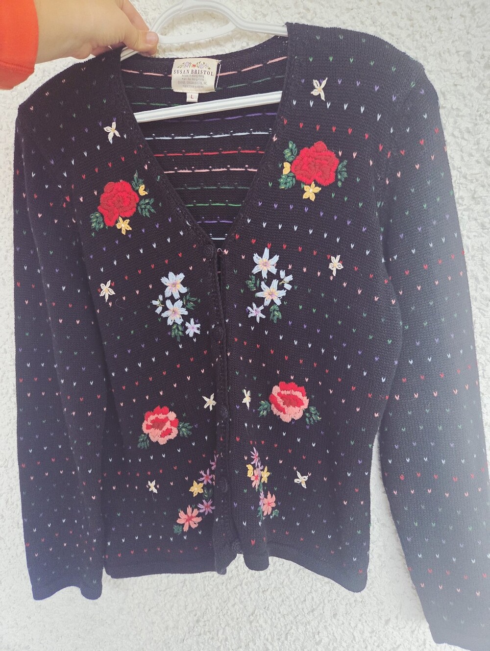 Vintage Susan Bristol Black Floral Embroidered V-Neck Cardigan